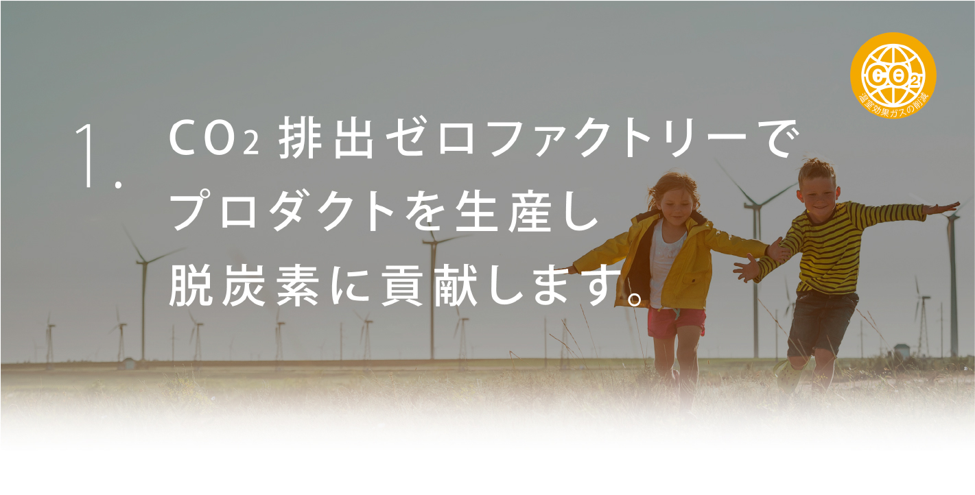 1. CO2排出ゼロファクトリーでプロダクトを生産し脱炭素に貢献します。
